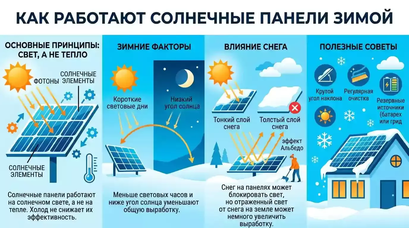 Схема работы солнечных батарей в зимний период. Разделы: основные принципы (свет важнее тепла), зимние факторы (угол солнца), влияние снега (эффект альбедо) и полезные советы по эксплуатации и очистке.